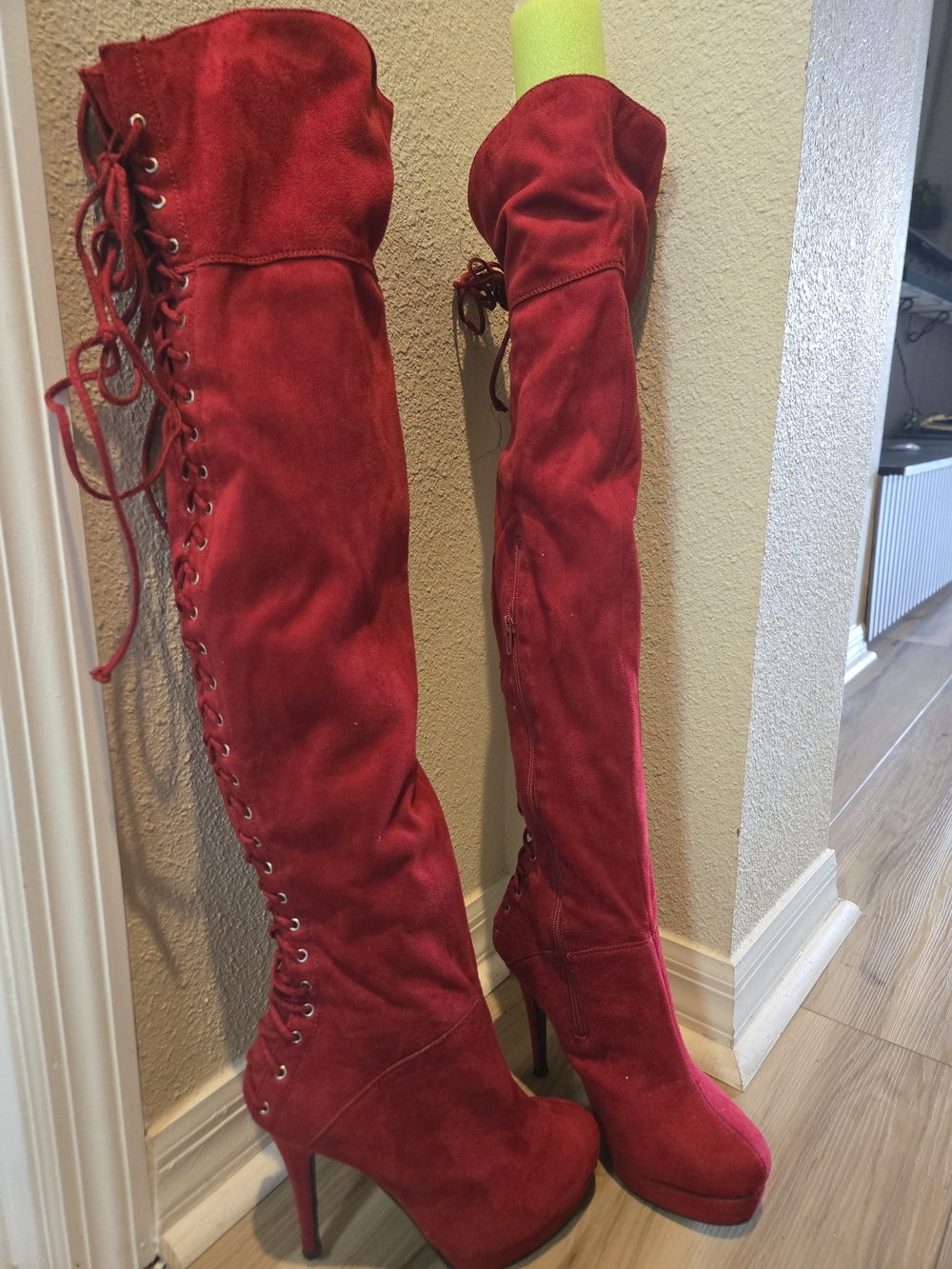 Red Over-the-Knee Lace-Up Women's Boots